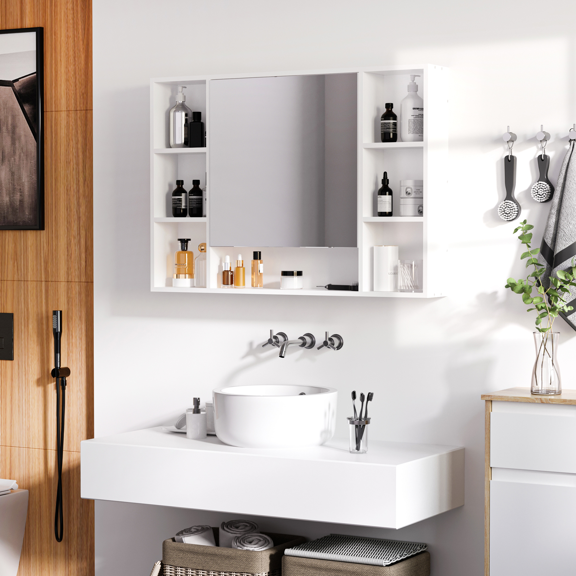 Kleankin Specchiera Bagno con Mensole Aperte e Armadietto con Anta Specchiata, Mobiletto Bagno Salvaspazio Bianco, 100x15x70cm Aosom