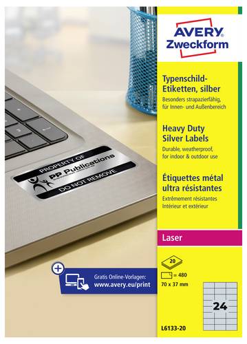 Avery-Zweckform L6133-20 Typenschild-Etiketten 70 x 37mm Polyester-Folie Silber 480 St. Permanent haftend Laserdrucker, Kopierer