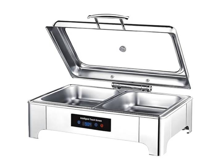 Chafing Dish Elektrisch, Edelstahl Speisewärmer Buffetwärmer Glasdeckel 9L Einstellbare Temperatur Warmhaltebehälter Essen für Buffets und Partys, Touch-Temperaturregelung (30-85℃)