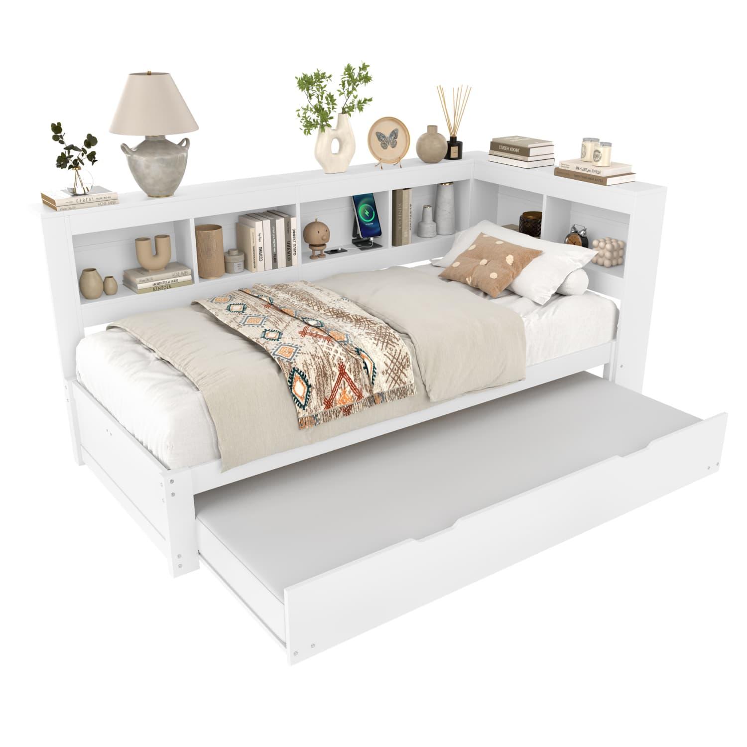 Daybett,Schlafsofa, Tagesbett mit ausziehbarem Bett, Mit Steckdose und 2 USB-Anschlüssen, Bett mit Lattenrost (ohne Matratze),Spanplatte
