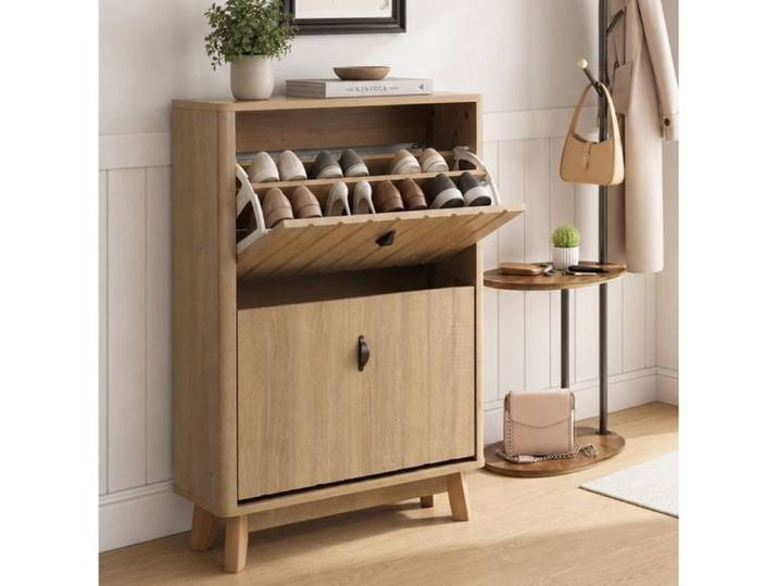 Meuble à Chaussures 60 cm Aspect Chêne Armoire Rangement Chaussures avec Abattant et Portes Style Nordique