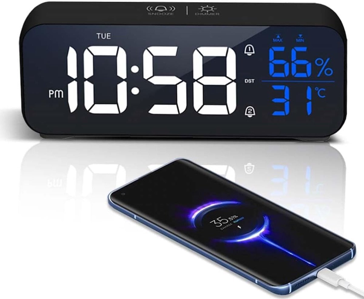 Digitale LED-spiegelwekker met snooze-functie, temperatuurweergave en verlichting, USB-voeding, 12/24-uurs tijdweergave