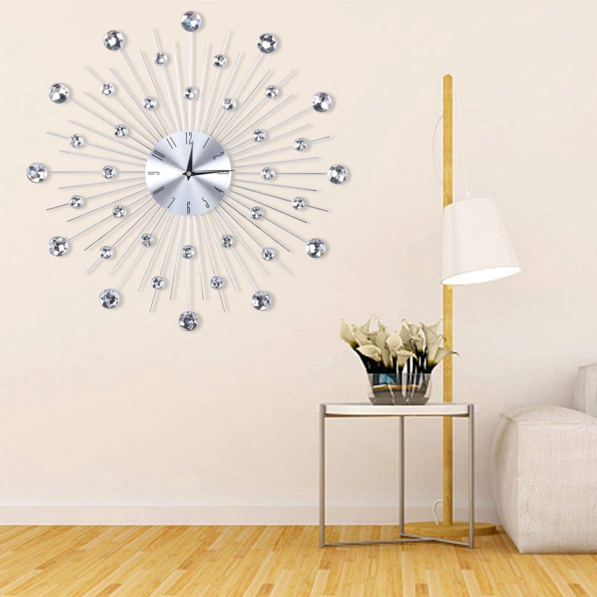 Allecto Wandklok met grote cijfers en zilveren diamant decoratie, analoge stille wandklok voor de keuken
