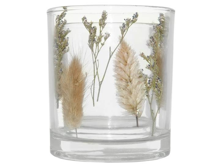 Teelichthalter aus Glas mit Einsatz, Windlicht mit Trockenblumen, Ø 9 x H 10 cm