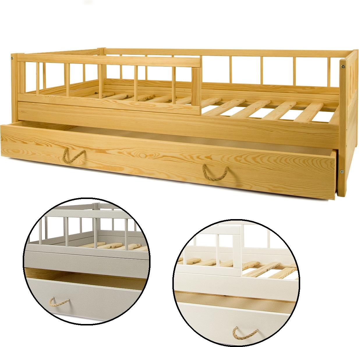 Ausziehbares Bett mit Seitengittern und Schublade, 160x80 cm. Ausziehbares Bett mit Seitengittern und Schublade, 160x80 cm (Farbe: Natur)