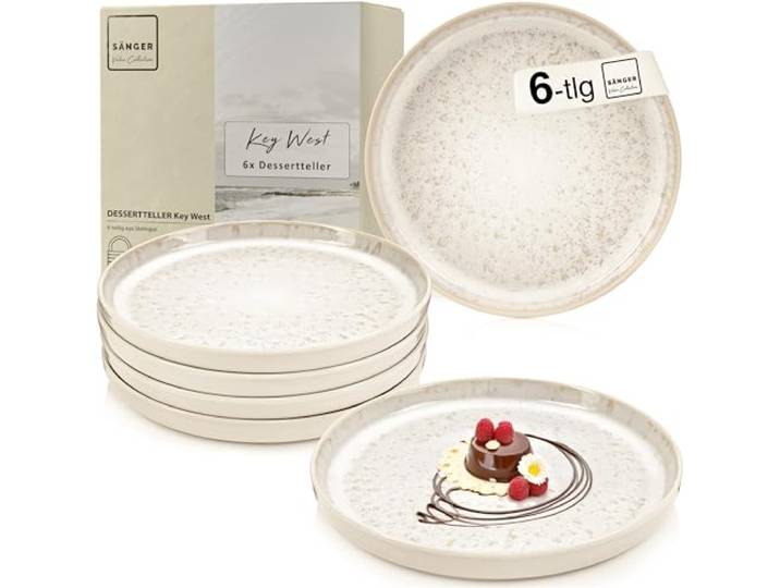 SÄNGER Key West Dessertteller 6 teilig, Steingut Teller Set 6 Personen Kuchenteller - spülmaschinenfest mikrowellenfest - Steingut Geschirr Creme mit sandiger Maserung