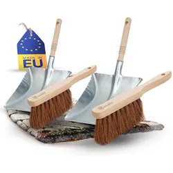 2X Kehrschaufel Set verzinkt Kokosborsten Kehrblech und Handfeger Set Kehrset Kehrgarnitur Dustpan and Brush Handfeger Kokos Kehrwisch Kaminzubehör Kaminbesen Kehrschaufel