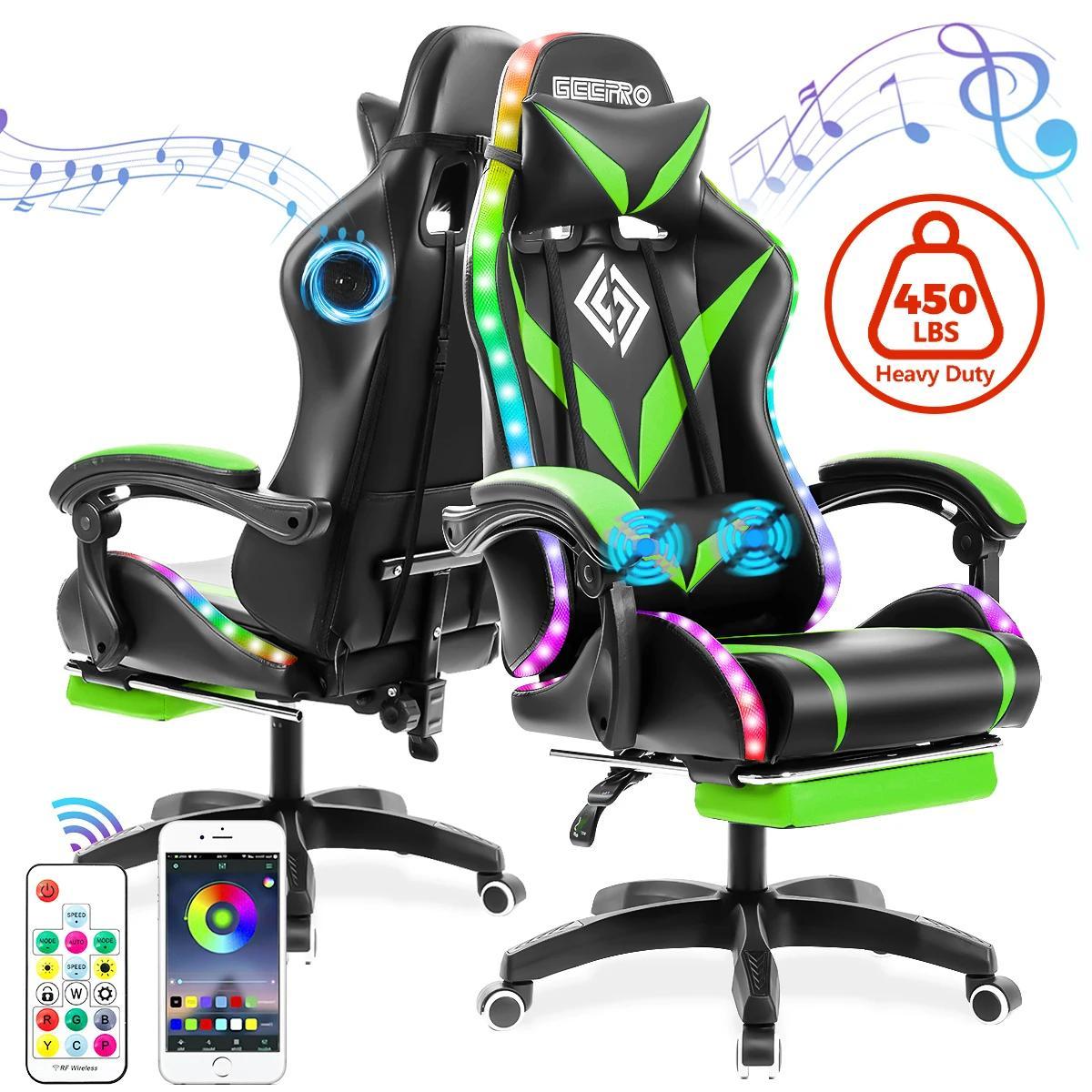 Gaming Stuhl - Ergonomischer Bürostuhl - Lautsprecher integriert - Kunstleder - Fußstütze und LED-Beleuchtung - Belastbar bis 204 kg - Grün