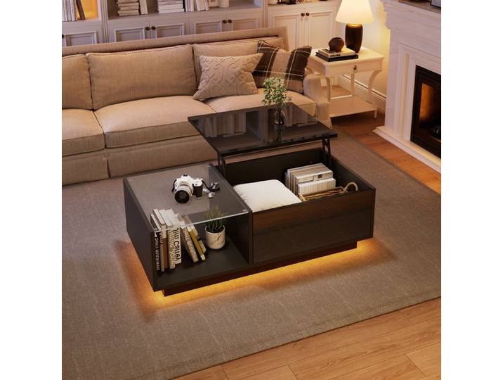 HOMVRA Table Basse Noire 100x50x33 cm - Plateau Relevable - LED - Espace de Rangement