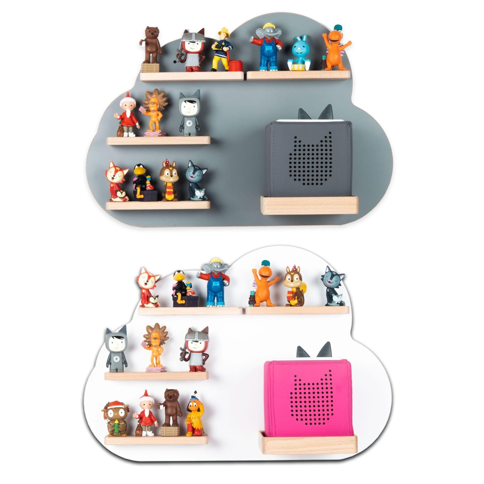 BOARTI Kinderregal Wolke hängend für Toniebox und Tonie Figuren platzsparendes Regal H. 34 x B. 48 x T. 19 Wandregal Musikbox Figuren Aufbewahrung mit Magneteinsätzen Aufbewahrungsregal Holz Wolken