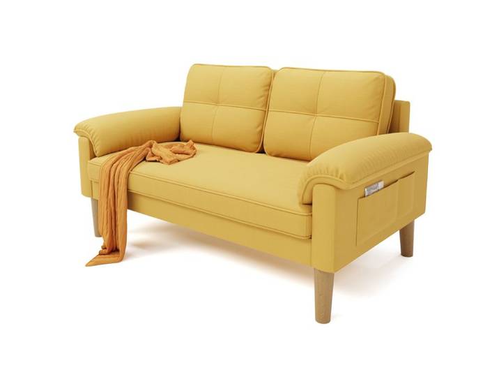 Canapé 2 Places - Bealife Canapé Scandinave - 2 Coussins - 2 Accoudoirs - Tissu Jaune - Bois - Salon - Chambre - 144 x 77 x 77 cm