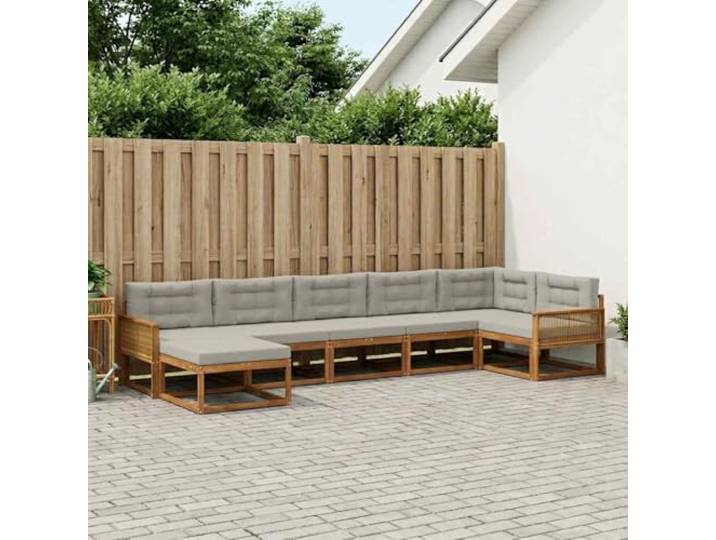HFMDRMU Outdoor-Sofaset aus massivem Akazienholz mit Lattenrahmen, 7-teilig, in Natürlich und Hellgrau, modulares Design für Terrasse und Garten