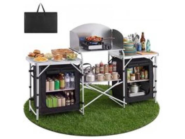 VEVOR Cuisine de Camping Pliable Table de Camping avec Rangement Portable, Pour Barbecue, Pique Nique, Voyage, En Aluminium Léger, Avec Tables Latérales, Pare-vent Amovible et Sac de Transport