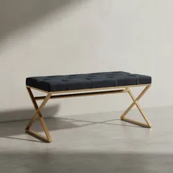 KADIMA DESIGN Samt Sitzbank im Chesterfield-Stil, Schwarz, robustes goldfarbenes Metallgestell, üppige Sitzfläche
