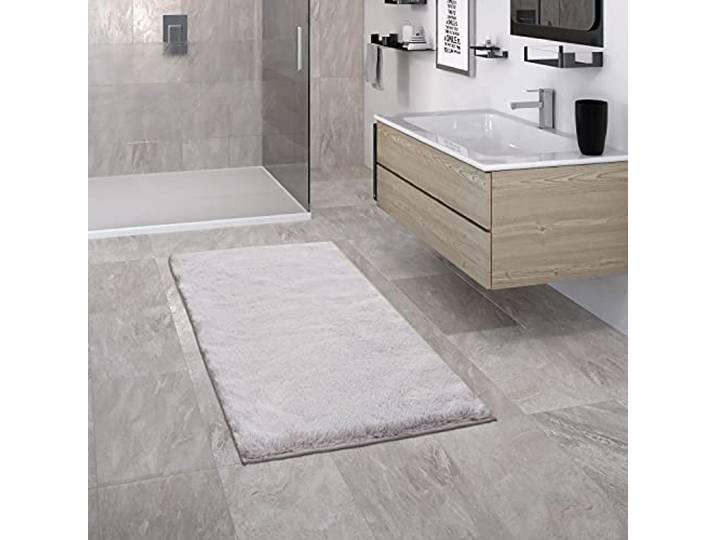 Paco Home Badezimmerteppich Badematte Badteppich Badvorleger Duschvorleger Shaggy rutschfest Flauschig Waschbar Einfarbiges Muster, Grösse:50x80 cm, Farbe:Grau