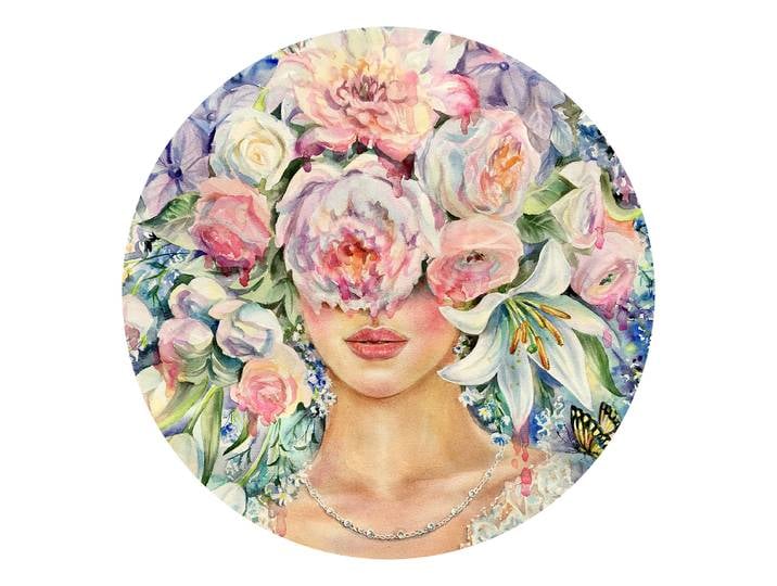 Glasbild Flowers On The Face Floatglas Blau/Grün/Violett Ø 50cm