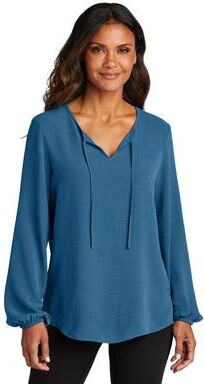 Port Authority LW714 Women's Textured Crepe Blouse in Aegean Blue size Large   Polyester