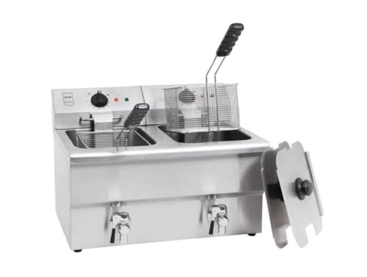 METRO Professional Doppel Fritteuse GDF5028, Edelstahl, 2 x 8 L, mit Ablasshahn und Deckel, abnehmbares Bedienfeld, silber