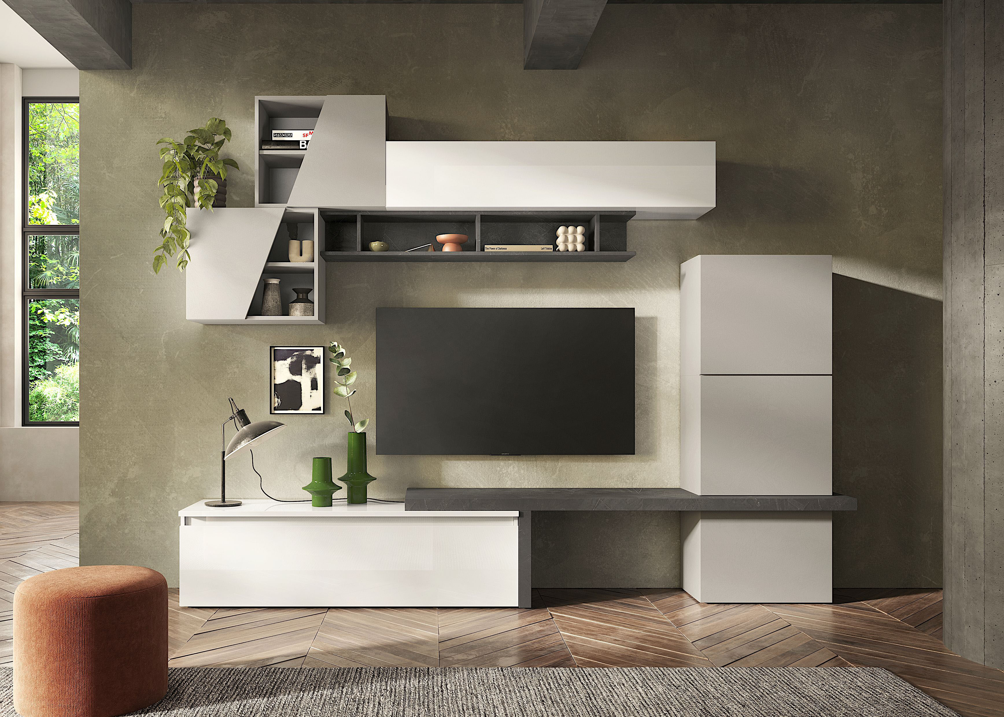 Wohnwand HOME AFFAIRE "Infinity, 9tlg. Breite 280 cm, moderne Mediawand", weiss (weiß hochglanz lack, kreidegrau (gesso), bleigrau (piombo)), B:280cm H:202cm T:40cm, Kastenmöbel-Sets, Wohnwand, T-Boden, 4x Hängewürfel, Würfel-Element, Wandregal, Hängeschr