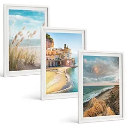 BILDER SET 3er Set - 40x60 cm Weißer Rahmen - Landschaften Strand Klippen Stadt