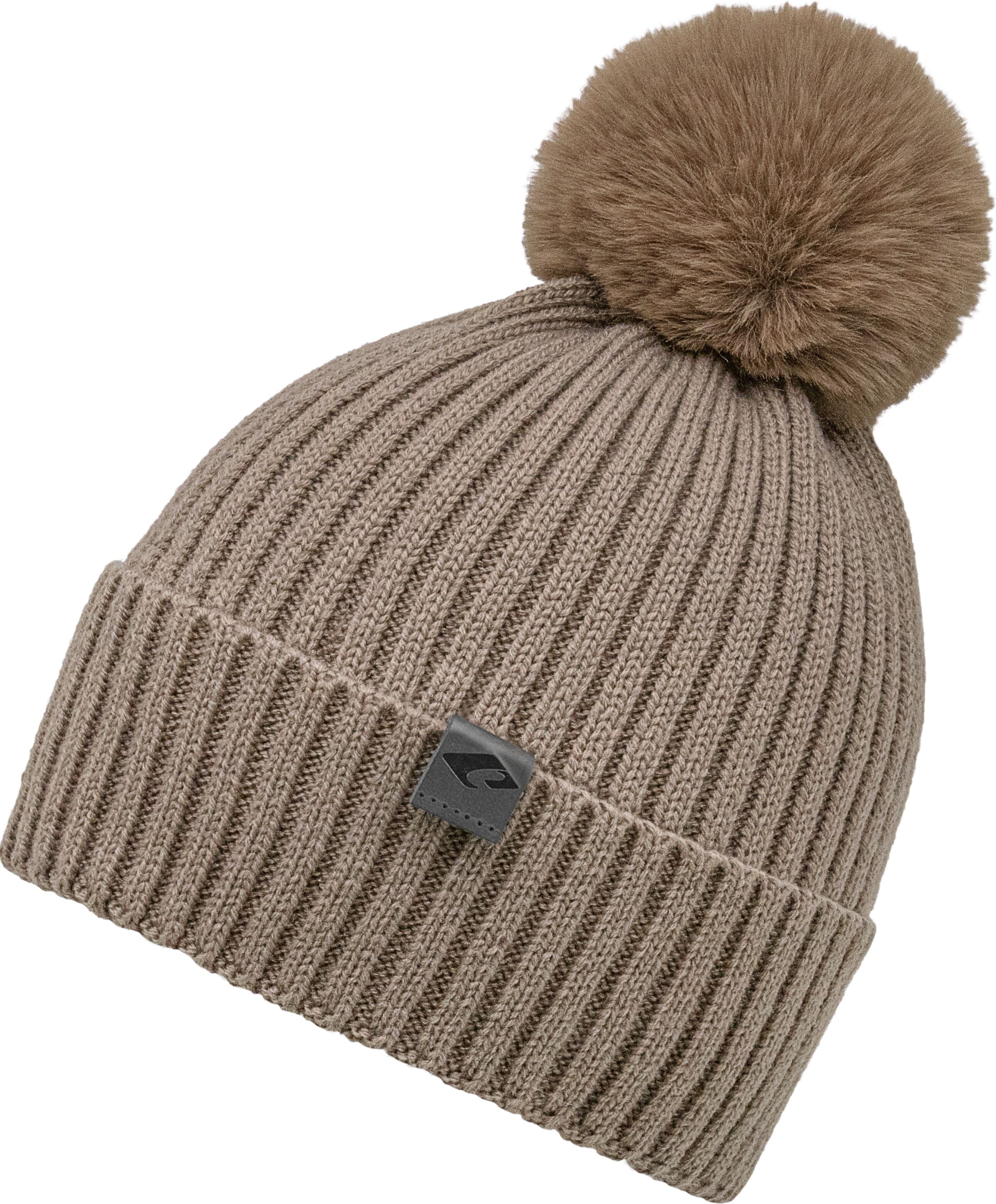 Bommelmütze CHILLOUTS "Hazel Hat", Damen, beige (taupe), Rippstrick, Kunstfaser, Mützen Bommelmütze taupe Einheitsgröße