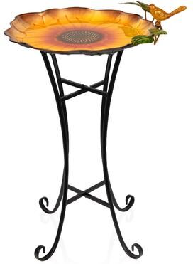 Alpine Metal Daisy Birdbath with Bird and Sunflower Stand