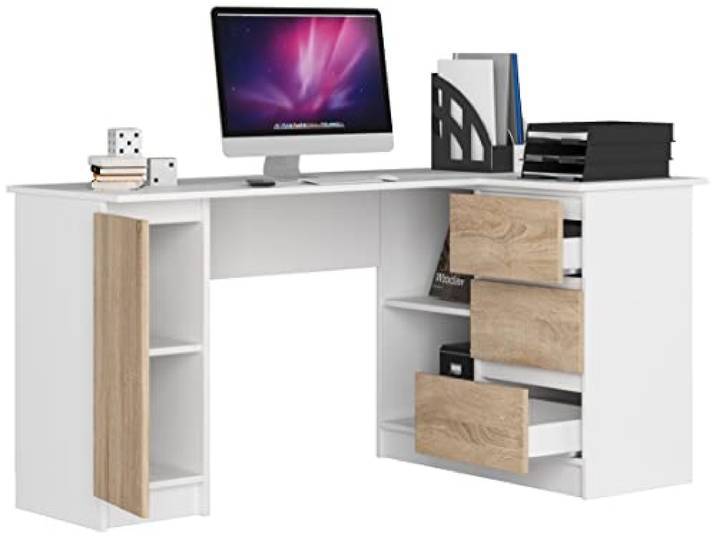 BDW Eckschreibtisch Rechts, 3 Schubladen und 4 Einlegeböden, viel Platz zum Ausbreiten, für Jugendzimmer, Büros und Ateliers, Computertisch, Arbeitstisch, Bürotisch, 155x77x91, Weiss/Eiche Sonoma