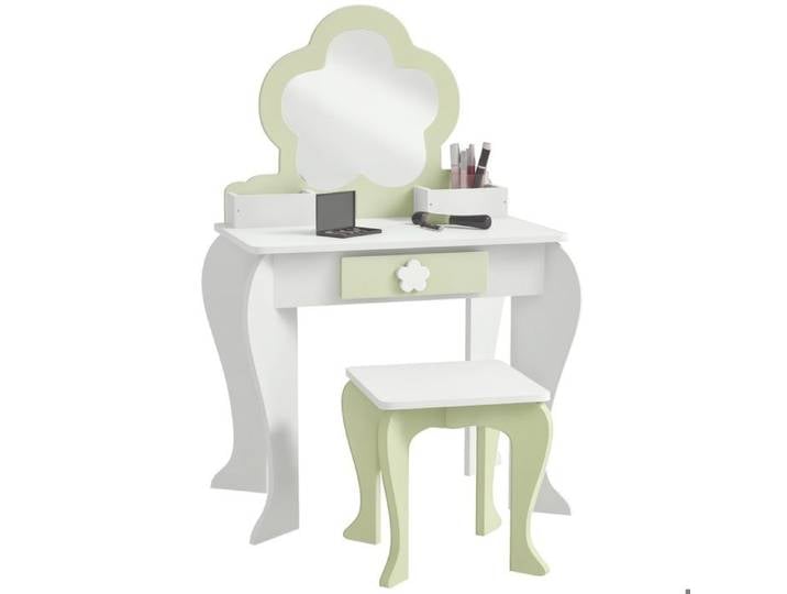 Coiffeuse - Coiffeuse avec miroir - Coiffeuse sans miroir - 55 x 34 x 87 5 cm - Coloris blanc et vert - MDF - 1 tiroirs - 2 bacs