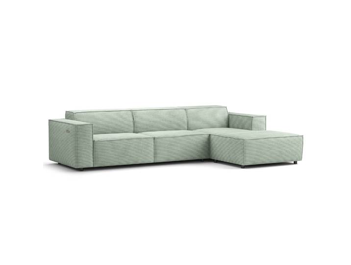 Ecksofa mit Longchair Grün/Mint Cordstoff Scilla 294cm Longchair davorstehend rechts Sitztiefenverstellung Modern