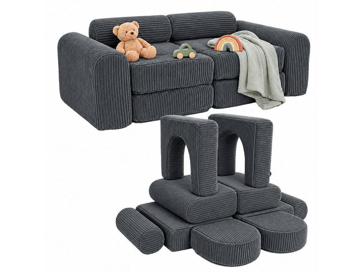 Relaxdays Kindersofa Anthrazit modular 10-tlg., Kunststoff, Textil, 108x32x50 cm, Baby- und Kindermöbel, Babyzimmer, Kindersessel & Kindertische