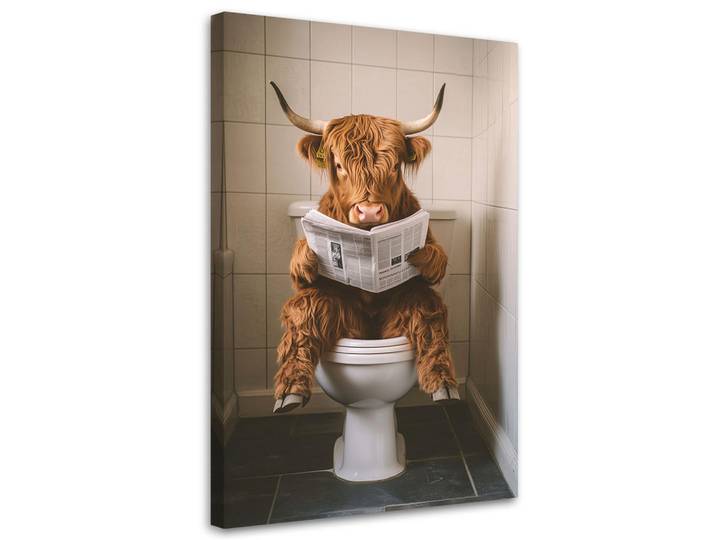 Feeby Leinwandbild Schottische Kuh mit Zeitung in der Toilette 60x90cm, Braun, Tiere, Rechteckig, 60x90 cm, Bilder & Rahmen, Bilder, Leinwandbilder