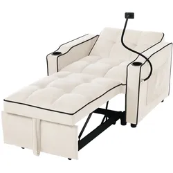 OKWISH Kompaktes 3-in-1 Schlafsofa Einzelsessel Liegestuhl ausziehbar mit Samtbezug, Getränke- und Handyhalter, Seitentasche, beige, 83x167x76 cm