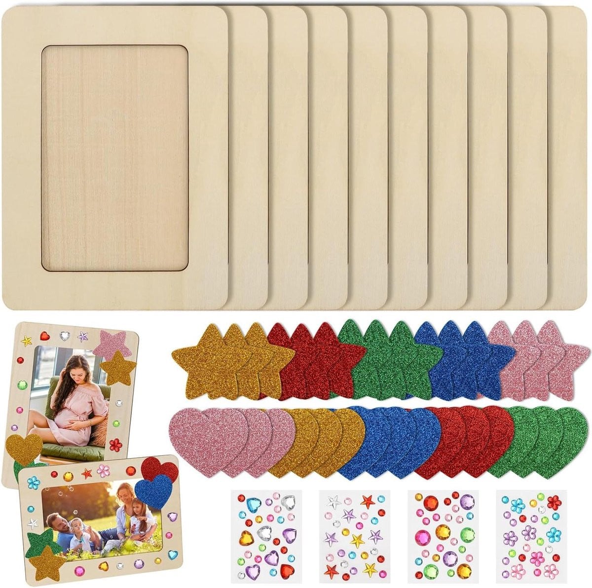 Kinderen Knutselset met 10 houten fotolijstjes en accessoires voor creatief decoreren