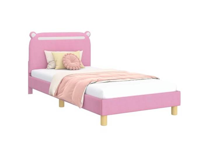 PUGYNBK Bett 90 x 190 cm mit rosafarbenem Kopfteil, Stoff und Holz Lattenrost, ohne Lattenrost, moderner Stil, einfache Reinigung, Schlafzimmer