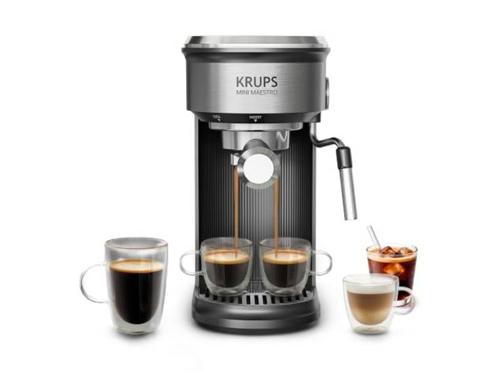 Krups Mini Maestro, Espressomaschine, 20 bar Druck, ultrakompakt 7 heiße und kalte Zubereitungen, nur 12 cm Breite, Digitaldisplay, Dampfdüse, inkl. Barista-Zubehör, Edelstahl, XP350DE0