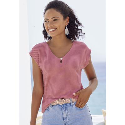 Kurzarmshirt LASCANA "bügelfreie Qualität", Damen, Gr. 48/50, transparent (beere, navy), Piqué, Obermaterial: 69% Polyester (REPREVE), 28% Viskose, 3% Elasthan, unifarben, bequem normal, V-Ausschnitt, Shirts, aus elastischem Waffelpiqué, Topseller
