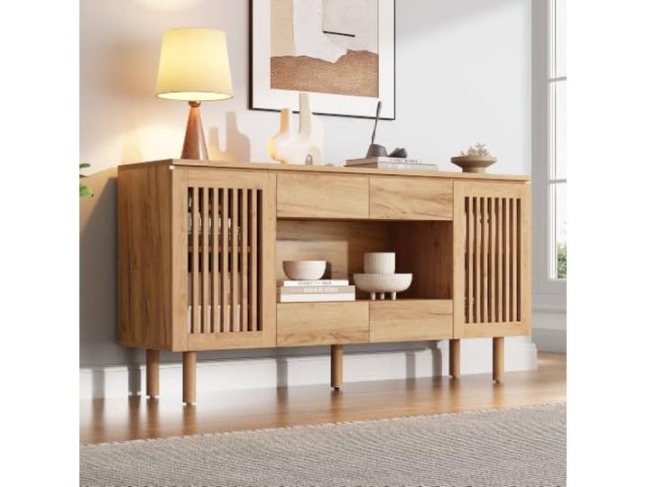 BTM Sideboard Kommode Stehschrankaus MDF, Beistellschrank, Sideboard Wohnzimmer mit 4 Schubladen & 2 Lamellentüren, 5 Massivholzbeine, bis 70kg Traglast,140×35×71cm
