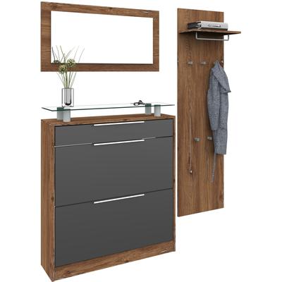 Garderoben-Set BORCHARDT MÖBEL "Oliva", grau (vintage eichefarben, graphit matt), Kastenmöbel-Sets, (3-tlg.), mit stehendem Schuhschrank, Paneel und Spiegel