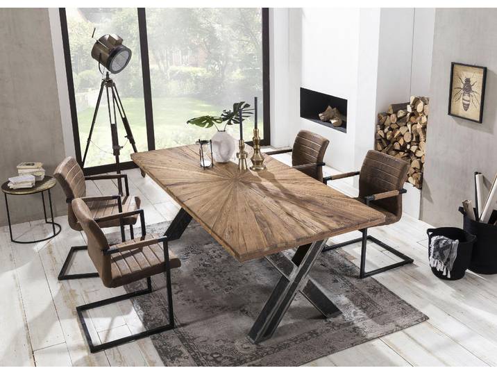 Esstisch SIT Skopje Recyceltes Teakholz mit Sonnen-Design & X-Gestell aus Metall , beige (natur), B:200cm, Tische, Rechteckiger Esstisch Esstisch Holz-Esstische, Massives Teakholz trifft markantes X-Gestell