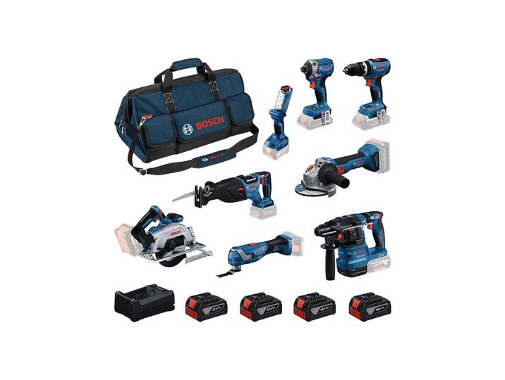 Bosch – Pack De 8 Outils Électroportatifs 18v – 4x Batteries 5.0ah – Chargeur Gal 12v/18v-80 – Sac De Rangement Inclus