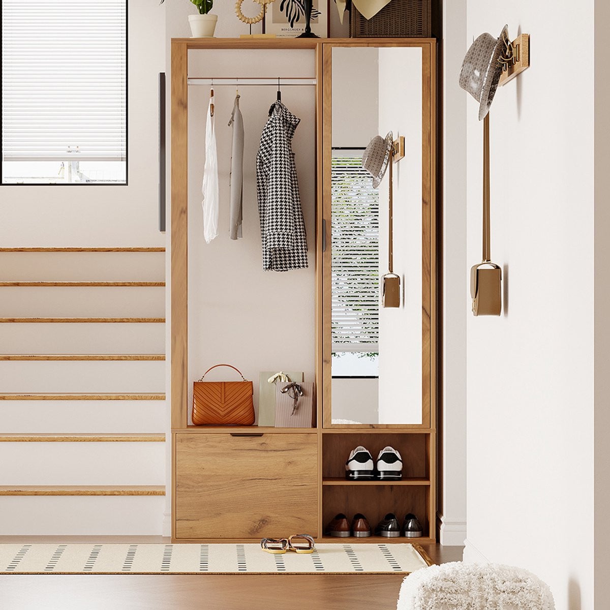 Pugsdrly 6-in-1 Halmeubel met Spiegel en Droogrek, Kledingkast met Onderdeur, Houtkleur, B/D/H: 100 x 33 x 190 cm