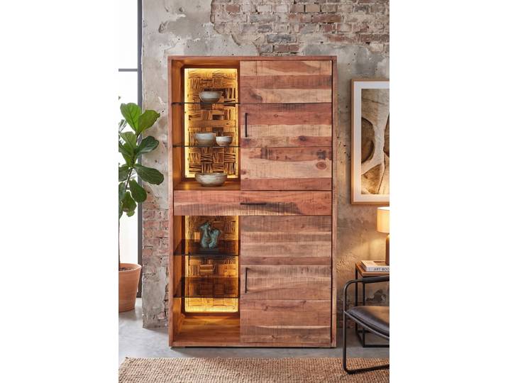 Vitrine inkl. Beleuchtung 100x180cm 'Livorno'' Akazie massiv sägerau