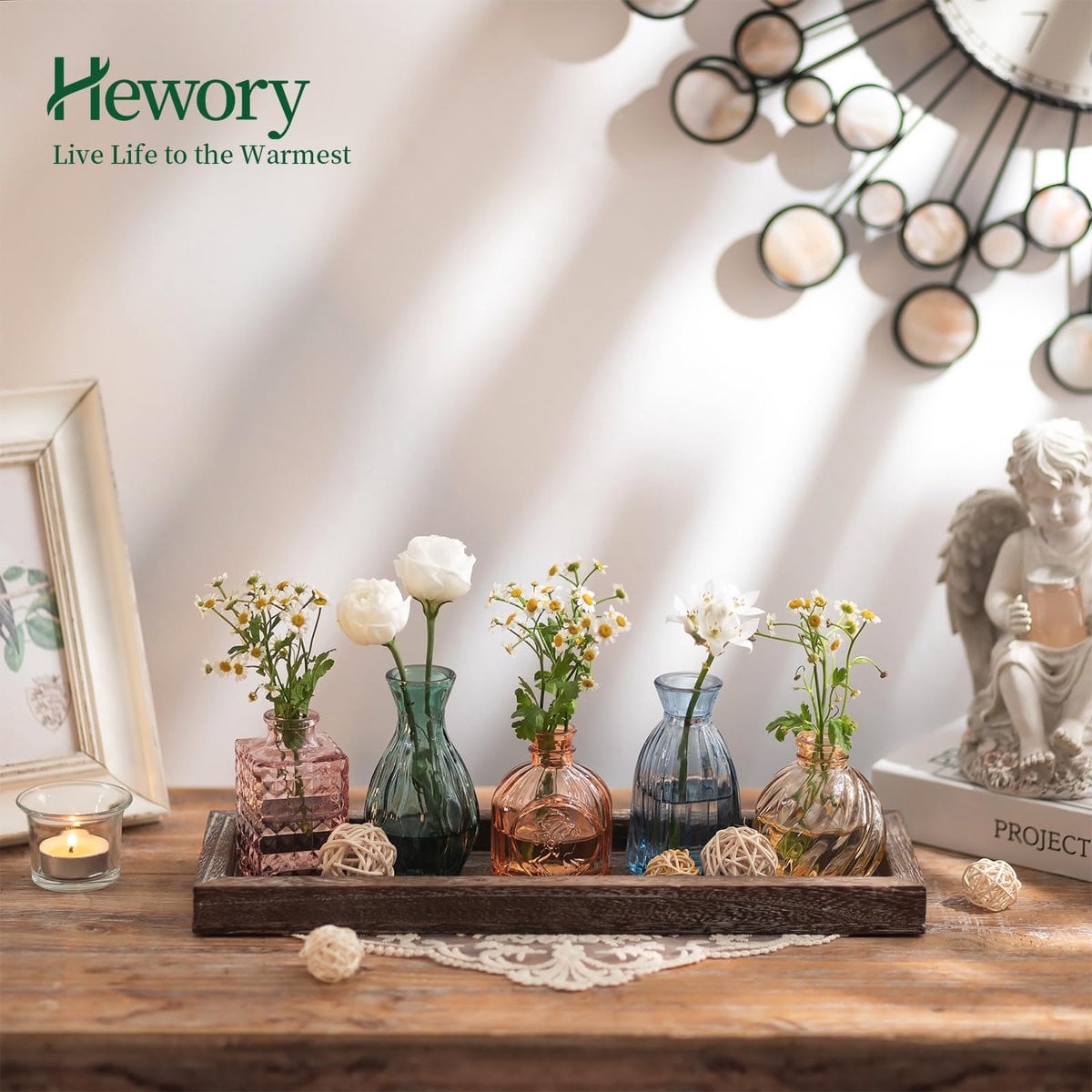 Omgoods Mini Vazen Set voor Tafeldecoratie met Houten Dienblad - 5 Stuks
