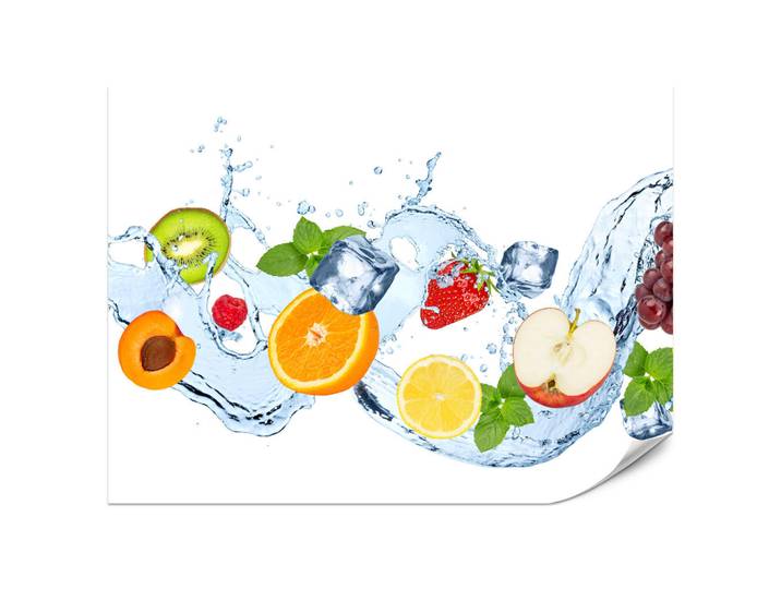Muralo Fototapete für Küche Erfrischende Früchte Eis Wasser Orange Minze Zitrone Kiwi 300x210, Rot, Gelb, Orange, Weiß, Grün, Papier, Essen/Getränk, Rechteckig, 300x210 cm, Tapeten & Wandverkleidungen, Fototapeten