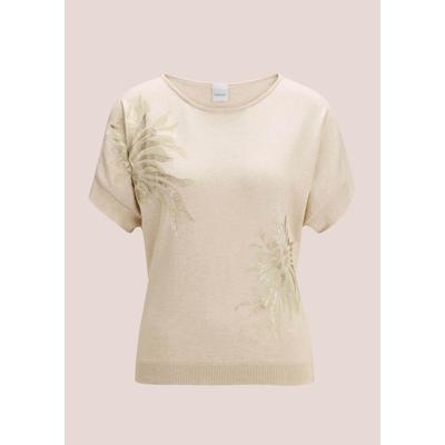 Longpullover MADELEINE "Pullover Kurzarm Strickshirt mit Folien-Print", Damen, Gr. 36/38, weiß (perlweiß, multicolor), Obermaterial: 100% Baumwolle CO., Modern, U-Boot-Ausschnitt, Pullover Longpullover