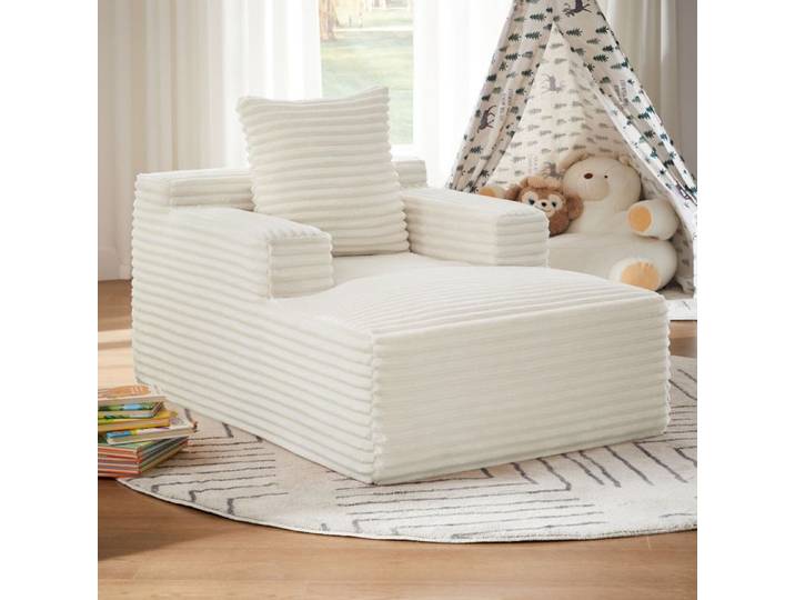 ROVRYN Méridienne convertible 1 place en velours côtelé beige sans montage
