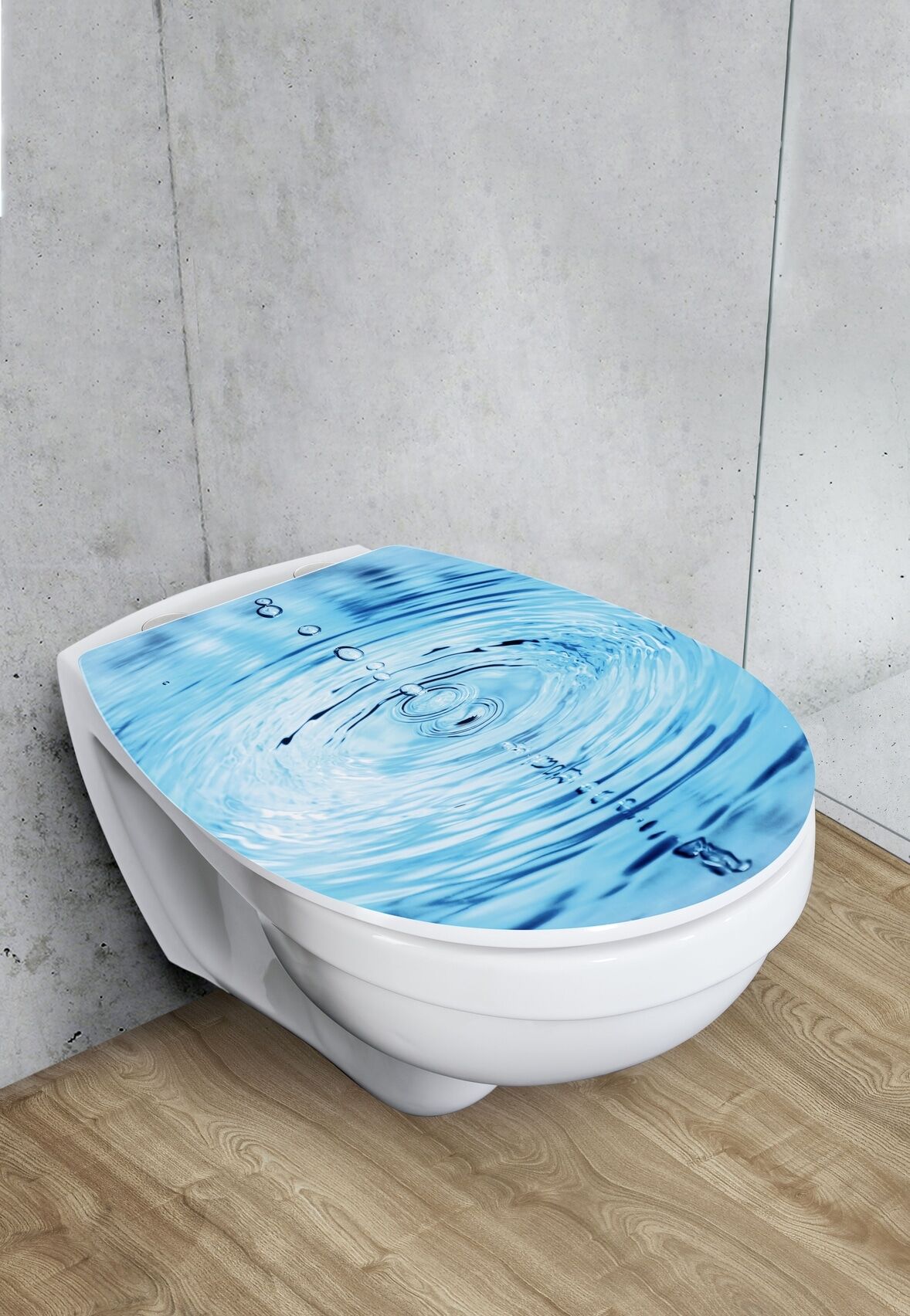 WC-Sitz WENKO "Droplets", blau (mehrfarbig), B:38,8cm L:45cm, Thermoplast, WC-Sitze, WC-Sitz, glänzender Toilettensitz aus Thermoplast mit Motiv, Absenkautomatik