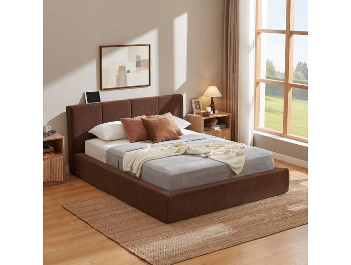 LVHOM Polsterbett 140x200cm, Chenille Stoffbett mit Metall-Lattenrost & Kopfteil, Modernes Doppelbett Jugendbett, Komprimiert, Braun