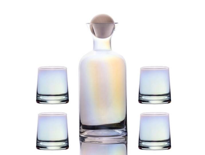 KARAFFE mit 4 Gläsern Set aus Glas mit Regenbogen Schimmer