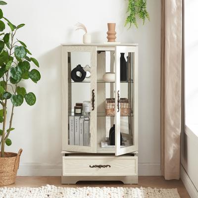 Telepassa Elegant Lighted Glass Curio Cabinet with Drawer,Includes Bulb